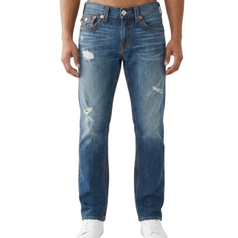 True Religion Bobby Jeans Mens 31 Blue Distressed Straight Leg Denim Pants